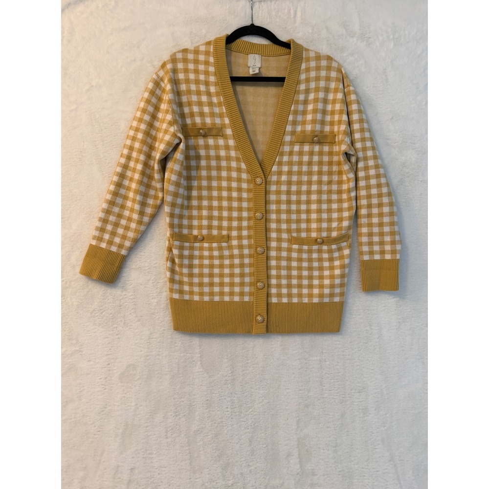 Joie Yellow Gingham Check Button Front Cardigan Sweater Gold Crest Buttons Small